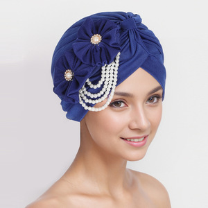 HZM-24299 nouvelles musulman fleur tête casquette Logo personnalisé bandeau femmes élastique perle turban chapeaux - Product Image 2