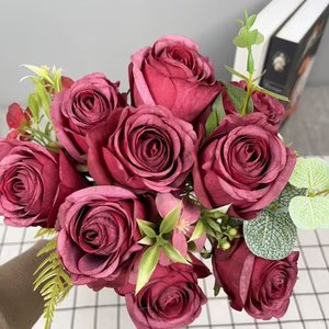 Fleurs artificielles en gros à prix d'usine, décoration de haute qualité, bouquet de neuf têtes de roses en soie blanches - Product Image 2
