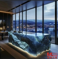 Meuble en pierre précieuse naturelle, table basse en agate cristalline, comptoir en pierre précieuse, blanc neige, bleu blanc