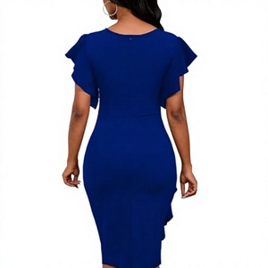 Vestido ajustado azul real con volantes en las mangas para mujer, largo hasta la rodilla, cuello redondo, elegante, estilo fiesta, color sólido, informal - Product Image 3