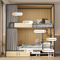 Lit superposé en acier et bois de haute qualité avec barrières de sécurité, lit d'appartement moderne et minimaliste pour adultes et étudiants avec rangement intégré