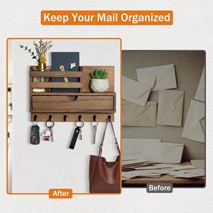 202606 <span class=keywords><strong>Étagère</strong></span> <span class=keywords><strong>murale</strong></span> rustique en bois <span class=keywords><strong>avec</strong></span> porte-clés, organiseur de courrier, <span class=keywords><strong>tiroir</strong></span> et 6 crochets – Rangement mural pour entrée - Product Image 4