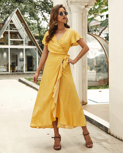 Abito da donna <span class=keywords><strong>con</strong></span> volant e scollo a V, maniche corte, in chiffon lungo al ginocchio, vita naturale, antipiega, per l'estate - Product Image 4