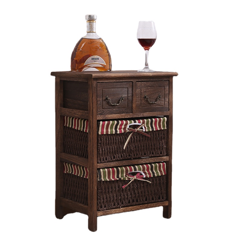 Деревянный шкаф с 2 плетеными корзинами, декор для хранения мебели, потертый шик