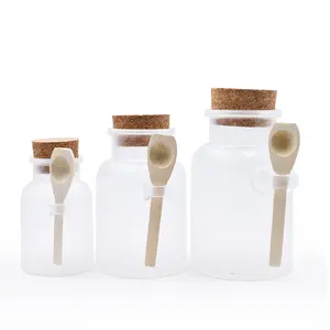 Cosmetica Frosted Abs Plastic Flessen Met Houten Lepel 100Ml 200Ml 300Ml 500Ml Lege Badzout Fles plastic Matte Kurk Pot