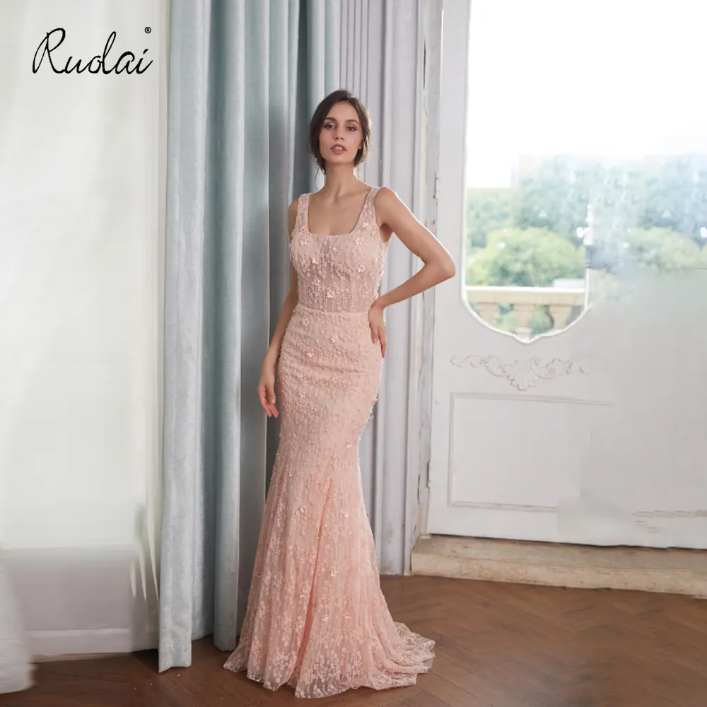 RUOLAI PEV-L3046 3D Floral Elegant Lace Beaded Crystal Pearl Belt Custom Gowns Celebrity Pink Evening Dresses