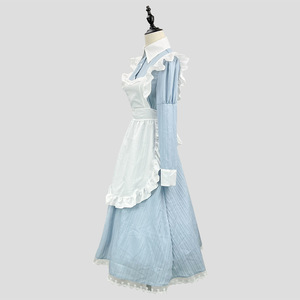 Maid Dress Blue A-Line Turn-Down Collar With Pocket Vintage Style Polyester Fabric - Product Image 2