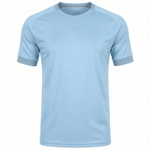 T-shirt de course pour homme en polyester bleu clair, col rond, manches courtes, jersey tricoté, séchage rapide, tee-shirt de sport - Product Image 1