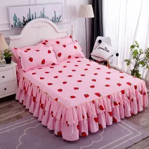 Juego de faldas de cama de doble capa, colcha con estampado Floral, Sábana de cama Bilateral, funda de almohada queen king size