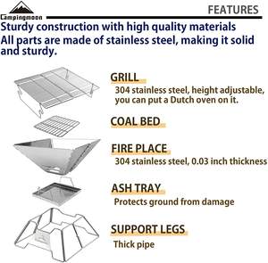Campingmoon Woodland Garden Barbacoa plegable Parrilla de acero inoxidable Desmontable Exterior Portátil Tamaño medio Parrilla de madera plegable - Product Image 3