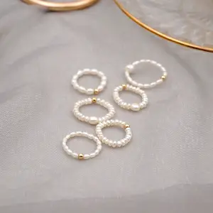 Multi Manik-manik Mutiara Cincin Mutiara Air Tawar Alami Geometris Cincin untuk Anak Perempuan Alami Buatan Tangan Cincin Mutiara dengan Manik-manik Emas