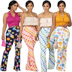 2023 New Ladies Stacked Pants Flared Bottom Enge Hose mit hoher Taille Frauen Floral Plaid Print Bell Bottom Pants