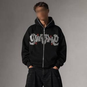 Clothing Manufacturer Custom Cotton Fleece Y2K Grunge Rhinestone Bling Gothic Letter Red Stud Accent Full Zip Men's Hoodies - Product Image 1