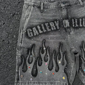 hong kong Custom Logo jean shorts men denim Vintage Cotton Straight Leg jorts baggy Silk Screen Print rhinestone jorts men - Product Image 4