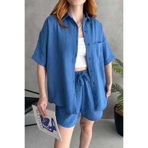 DEFILE Aerobin Linen Blend <b>Short</b> Sleeve Shirt and <b>Shorts</b> Two-Piece Set for <b>Men</b>, Casual Summer Outfit in Sax Blue - Product Image 3