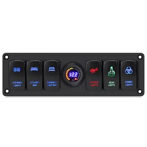 6 Gang Switch Panel with Voltmeter Display for Boat Aluminum Pre-Wired 6 Gang Switch Board Blue LED Backlit