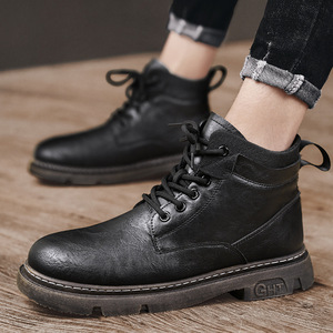 Bottes Martin pour homme, bottes décontractées d'hiver à bout rond en cuir, doublure en fourrure, semelle en caoutchouc isolante - Product Image 1