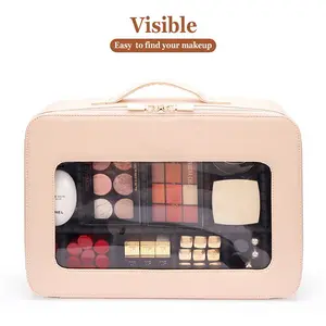 Professional Women Makeup Bag Travel Waterproof PVC Transparent Cosmetic Case Bag Pink Leather Luxury Toiletry Pouch