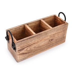 Organizador de Cubiertos Cuadrado de Madera de Mango Estilo Americano, Multifuncional, <span class=keywords><strong>para</strong></span> Encimera, <span class=keywords><strong>para</strong></span> Cubertería, Tenedores, Cucharas, Espátulas, 3 Compartimentos - Product Image 1