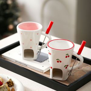 Cute Heart Chocolate Fondue Mug Butter Heating <b>Cup</b> <b>Ceramic</b> Chocolate Melting <b>Cup</b> Set with Fork - Product Image 2