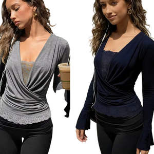 Vente en gros 2025, haut en tricot pour femmes, manches longues, manches évasées, col en V, haut court, taille plus, coupe ample, respirant, anti-UV - Product Image 1