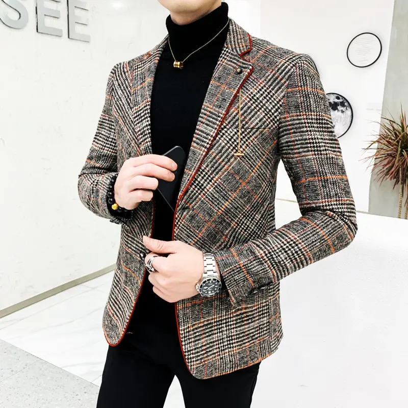 Men's Blazers Suit Jacket Woolen Short Plaid Blazer Jacket Single Button Casual Jacket High Quality business suit