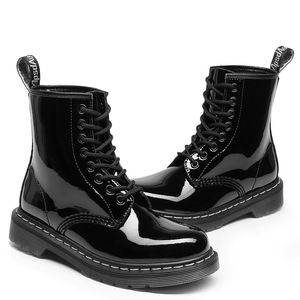 Black Patent Leather Ankle <b>Boots</b> Round Toe Lace-up Flat Heel Anti-Slippery Rubber Outsole All Seasons Solid Color Wholesale - Product Image 2