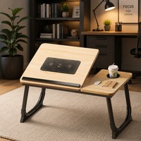 Table de bureau pliable pour ordinateur portable avec ventilateur de refroidissement, plateau en bois, pieds en métal, deux ventilateurs USB, hauteur réglable sur 5 niveaux, pour lit, canapé, maison, bureau