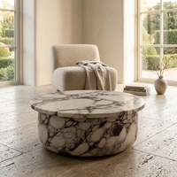 Table basse ronde en marbre Calacatta Viola avec base tambour, table centrale en pierre pour salon