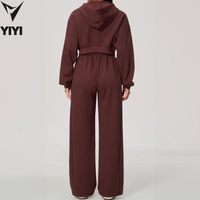 Ensemble de survêtement décontracté 2 pièces pour femme, marque privée, avec sweat à capuche court zippé et pantalon de survêtement large à cordon de serrage