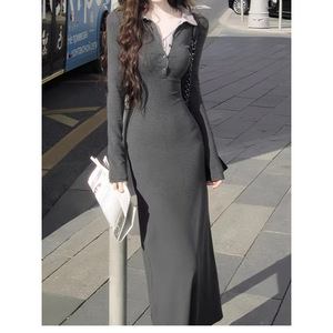 French Retro Shirt Collar Long Sleeve Ribbed Dress Tight Waist Breathable City Commuting Women's Sweater Dress - Product Image 5