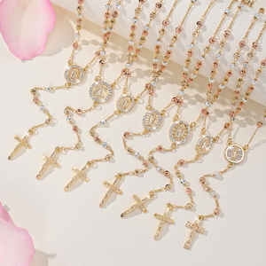 Christian Holiday Gift Ready Retail Packaging Religious Unisex Zircon Beaded <b>Necklace</b> Gold Plated - Product Image 1