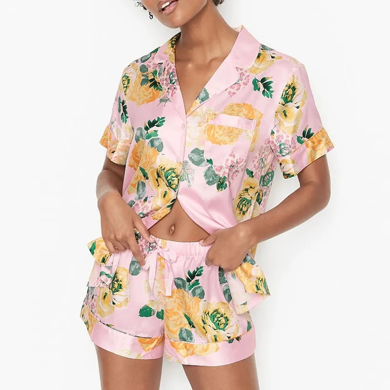 Factory Custom Silk Stripe Sleepwear Polyester Lounge Wear Summer Shorts Satin Pijama Print Ladies Pajamas Sleepwear For Woman