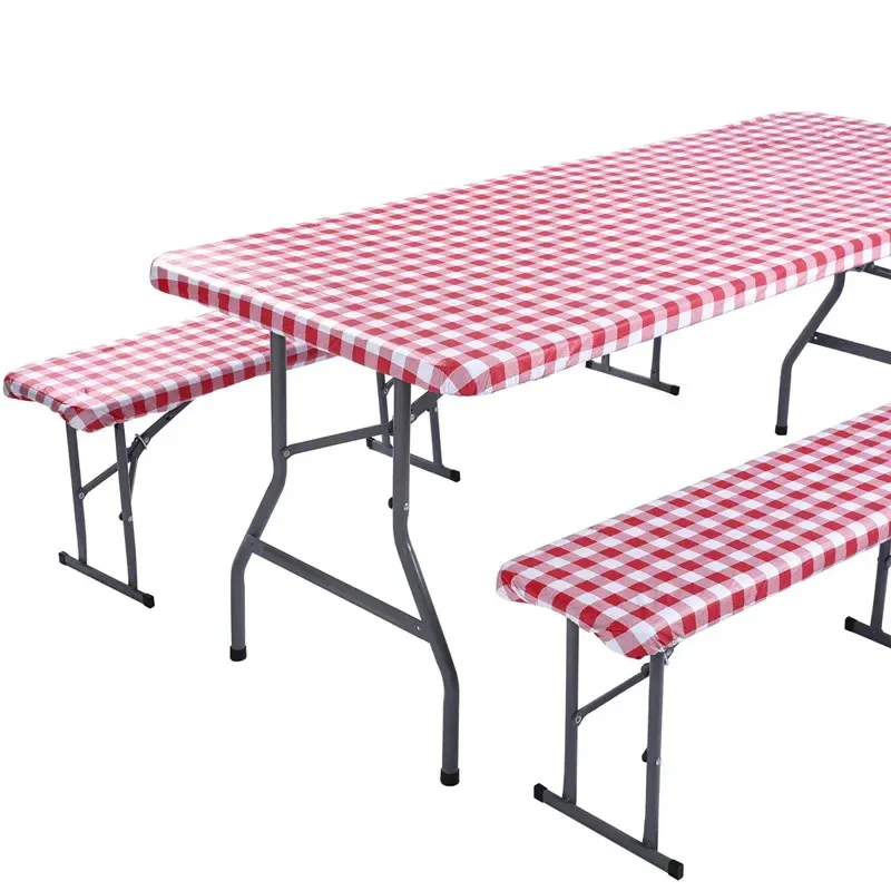 3PCS/सेट पिकनिक टेबल और बेंच फिटेड मेज़पोश कवर, पिकनिक कैम्पिंग के लिए इलास्टिक वाटरप्रूफ फलालैन बैकिंग विनाइल मेज़पोश
