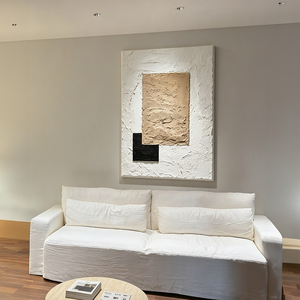 Quadro Verticale Wabi Sabi 3D con Texture in Gesso, Arte Astratta Geometrica <span class=keywords><strong>Art</strong></span> Déco, Pittura a Olio su Tela Bianco Sporco, Taupe e Nero, con Cornice in Legno - Product Image 4