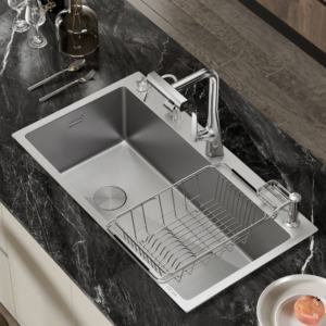 Évier de cuisine convertible double en simple cuve en acier inoxydable 304 avec vidange gauche personnalisable - Product Image 1