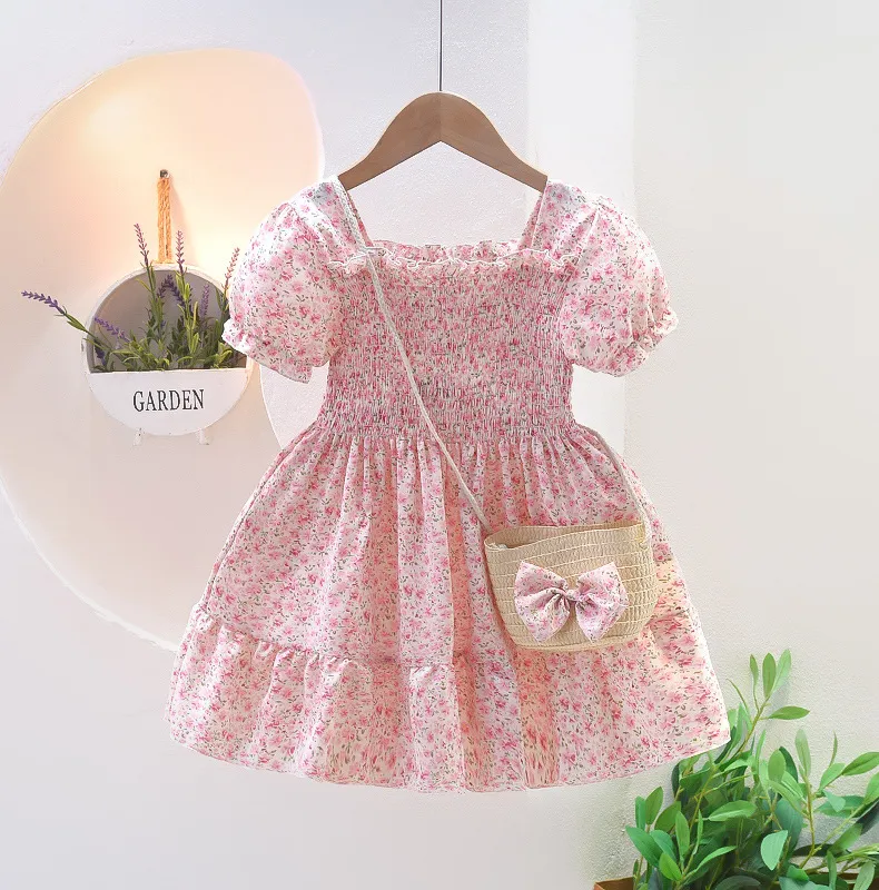 女の子の花甘いピンクのプリント6-10歳の女の子の子供のドレス