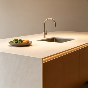 Meubles de cuisine modulaires sur mesure en acier inoxydable avec îlot, évier <span class=keywords><strong>et</strong></span> robinet, finition laquée blanc crème <span class=keywords><strong>et</strong></span> brun chaud <span class=keywords><strong>pour</strong></span> villa <span class=keywords><strong>et</strong></span> appartement - Product Image 2
