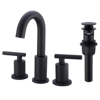Keran Wastafel dan Bak Cuci Kamar Mandi dengan Katup Keramik Termostatik 3 Lubang, Gagang Ganda, Warna Hitam Matte, Pemasangan di Atas Meja, Dilengkapi Saluran Pembuangan Pop-Up