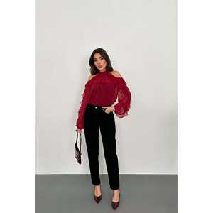 Blusa de Mujer al por Mayor, Color Borgoña, Hombros Descubiertos, Tallas XL-3XL, Corte Holgado, Chifón y Algodón, Estilo Casual Bohemio, Color Sólido, para Verano, Otoño y Primavera - Product Image 4