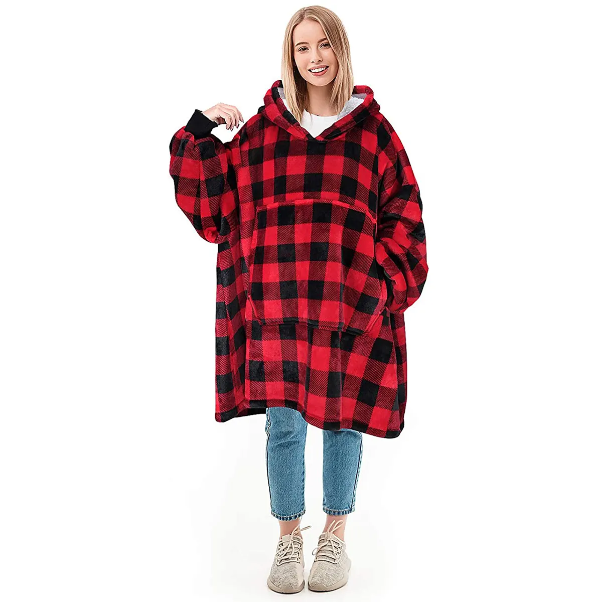Cozy Wearable Oversized Plaid Sherpa TV Plush Hooded Blanket hoodie Blanket Sweatshirt with sleeves & pocket