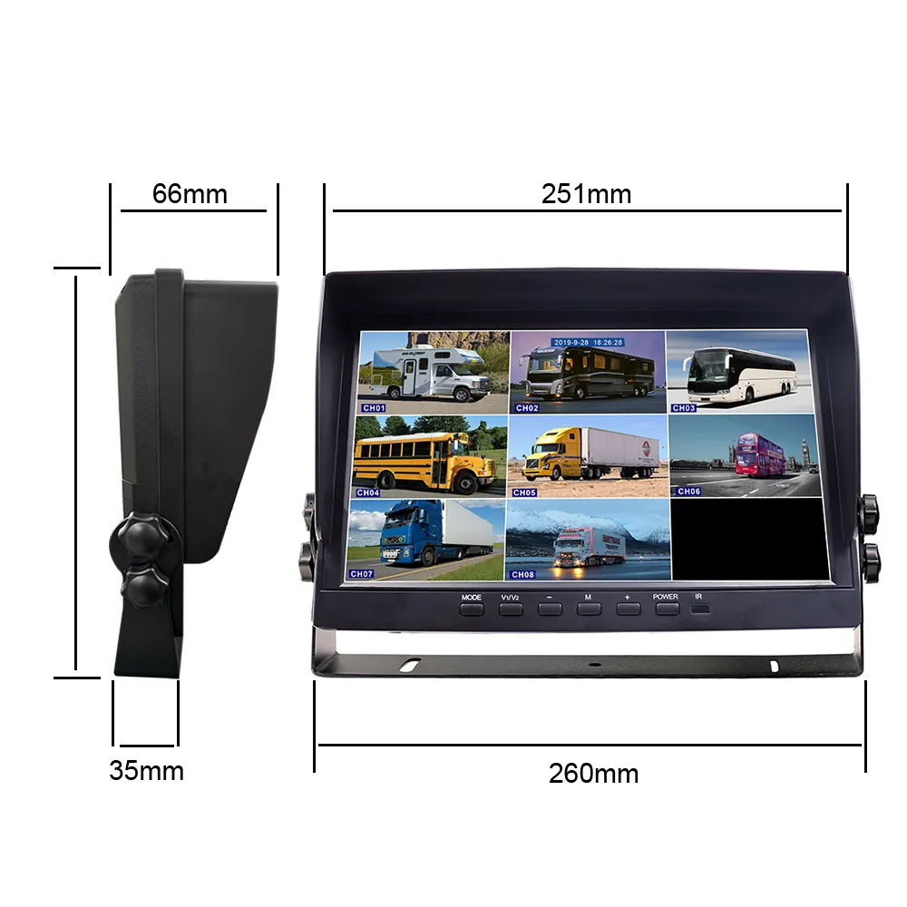 Octi-View 10 Car Monitor mit integriertem DVR, Unterstützung von maximal 256GB SD-Karte und 8 PCS 1080P AHD-Rückfahr kamera