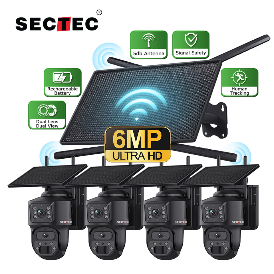 Sectec 6mp Dual Lens Wifi Kits 10w Solar 4g Router Battery Security Home Two Way Audio Ip66 Cctv System Ptz Solar Network Camera