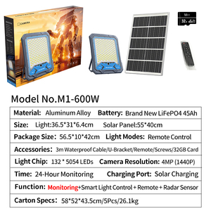 Lampada Solare di Sicurezza 600W con Telecamera 4MP, Controllo WiFi APP, Batteria LiFePO4 45Ah, IP66, Alluminio Pressofuso - Product Image 6