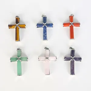 Natural Crystals Healing Stone Cross Carve Mixed Material Reiki Quartz Cross Pendant For Wellness Crystal