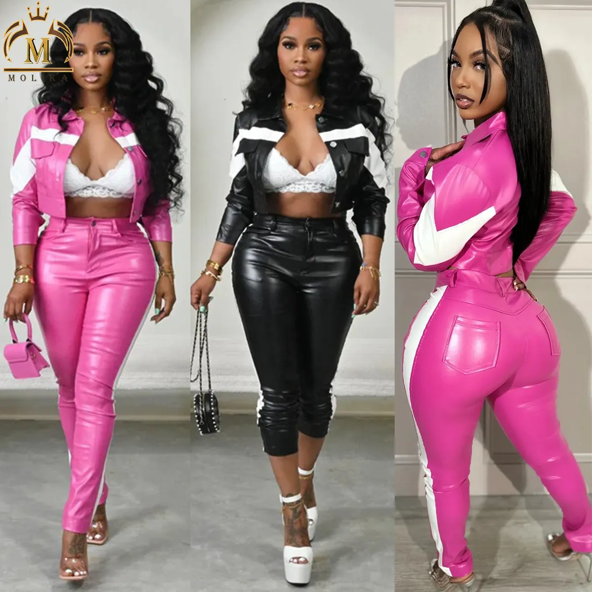 Trendy Women's Fashionable Outfits Pu Leather Crop Jacket with Long Pants Sets Lady Sexy Two Piece Leather Jacket Sets For Women