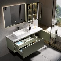 Meuble-lavabo mural de salle de bain de style américain, écologique, avec miroir intelligent, vasque en céramique, en bois d'hévéa, personnalisable