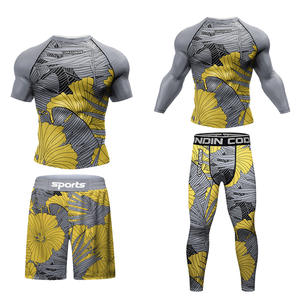 4 potong celana kompresi Vintage pria, Atasan kemeja jaket lengan panjang atletik set pakaian olahraga Gym bernapas - Product Image 4