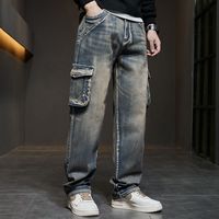 Celana Jeans Denim Longgar Ukuran Besar Multi Kantong Berkualitas Tinggi Khusus Pria, Model Baggy Fit
