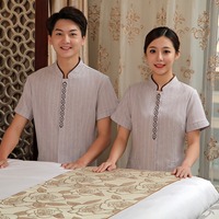 Tenue de travail d'été pour hôtels Uniformes de conciergerie en lin à manches courtes pour hôteliers Préposés aux chambres d'hôtel